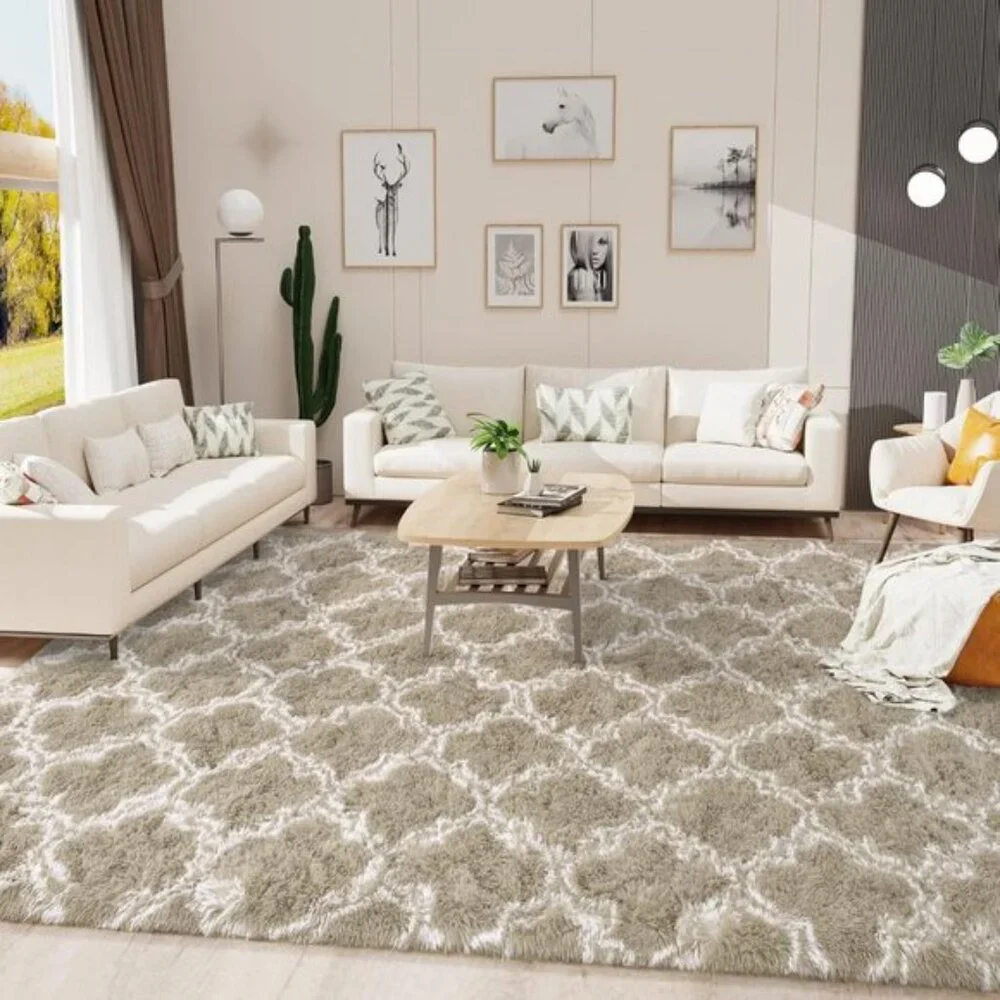 5x8In Luxury Shag Area Rug, Soft Plush Moroccan Geometric Rug for Bedroom, Beige